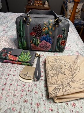 Anuschka Gray Hand-Painted Cactus & Succulent Satchel